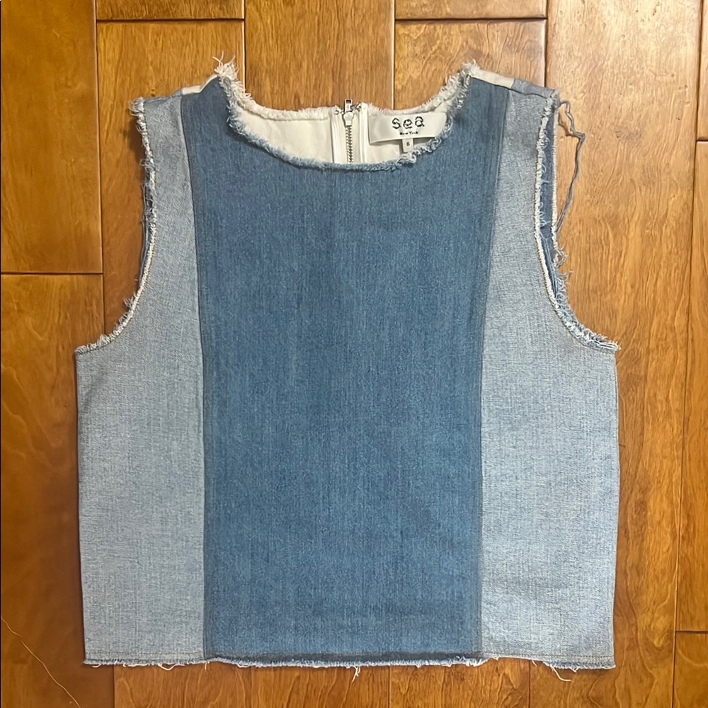Sea New York Patchwork Denim Top Exposed Back Zipper Size Small Blue Frayed Edge